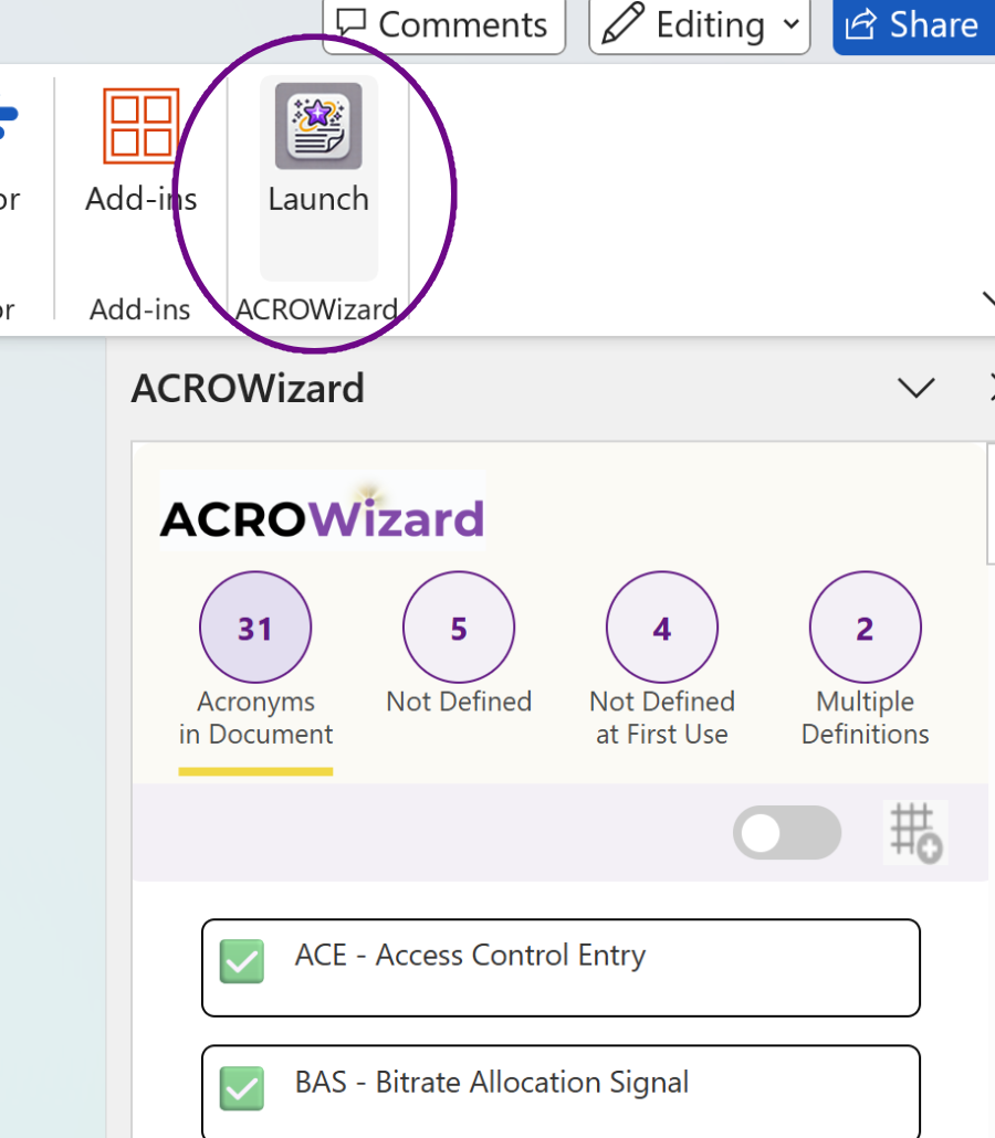 ACROWizard in the Word ribbon